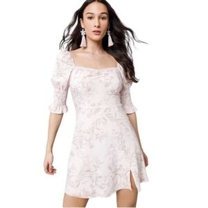 Francesca's Amaria Pink Smocked Sleeve Floral Linen-Blend Mini Dress Junior's L